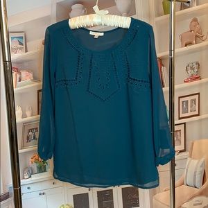 Teal Skies Are Blue blouse with 3/4 sleeve.